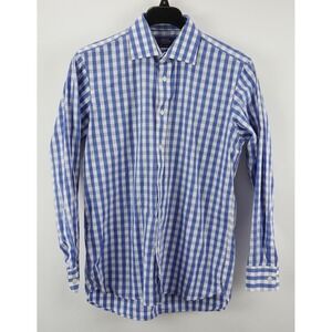 Savoy Taylors Guild Men's 16.5 Long Sleeve White Blue Gingham Button Up Shirt‎